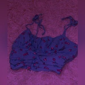 Blue and purple, Tie sleeve crop top. Flowers, cute and scrunched.